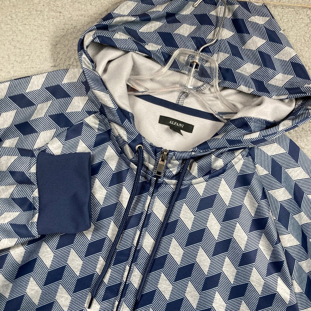 Alfani Full Zip Hoodie Mens Large Blue Grey Geometric 3D Chevron Tech Jacket